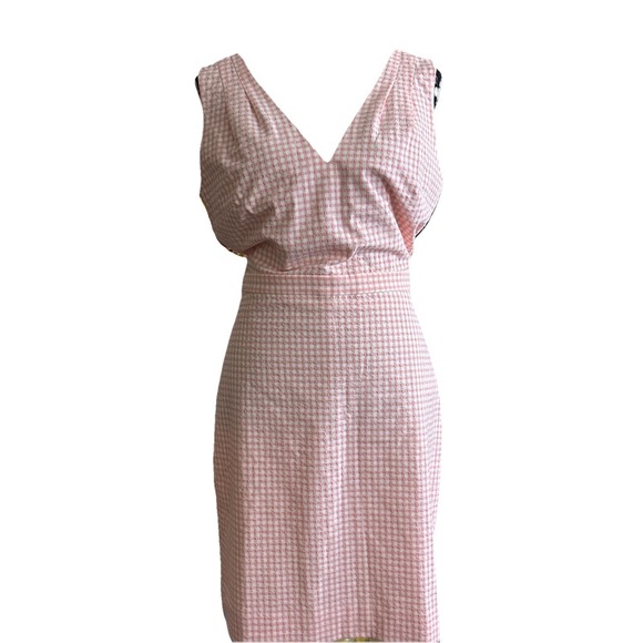 JCrew $158 V-Neck Seersucker Dress Gingham Size  8P Brilliant Peony Ivory - Picture 4 of 6